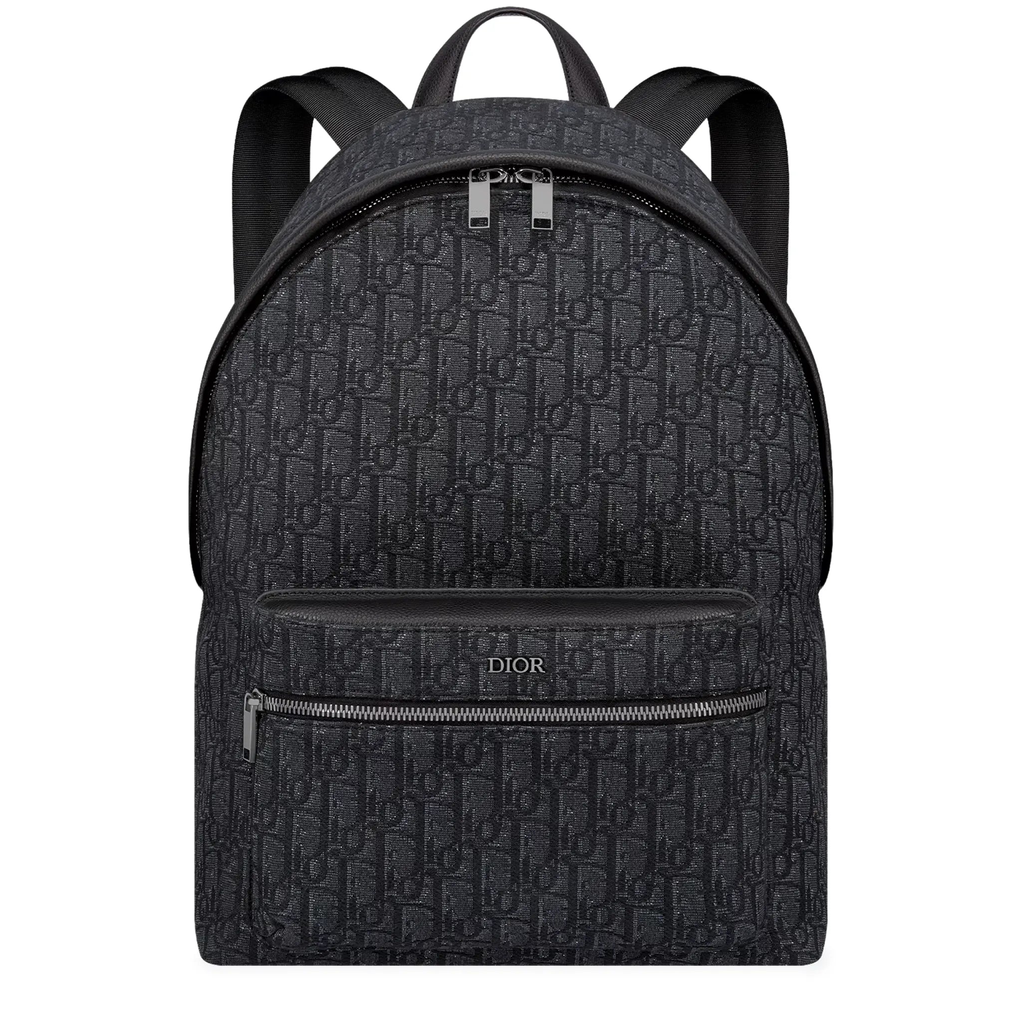 Front View of Dior Oblique Jacquard Rider Black Backpack 1VOBA088YKY_H00N